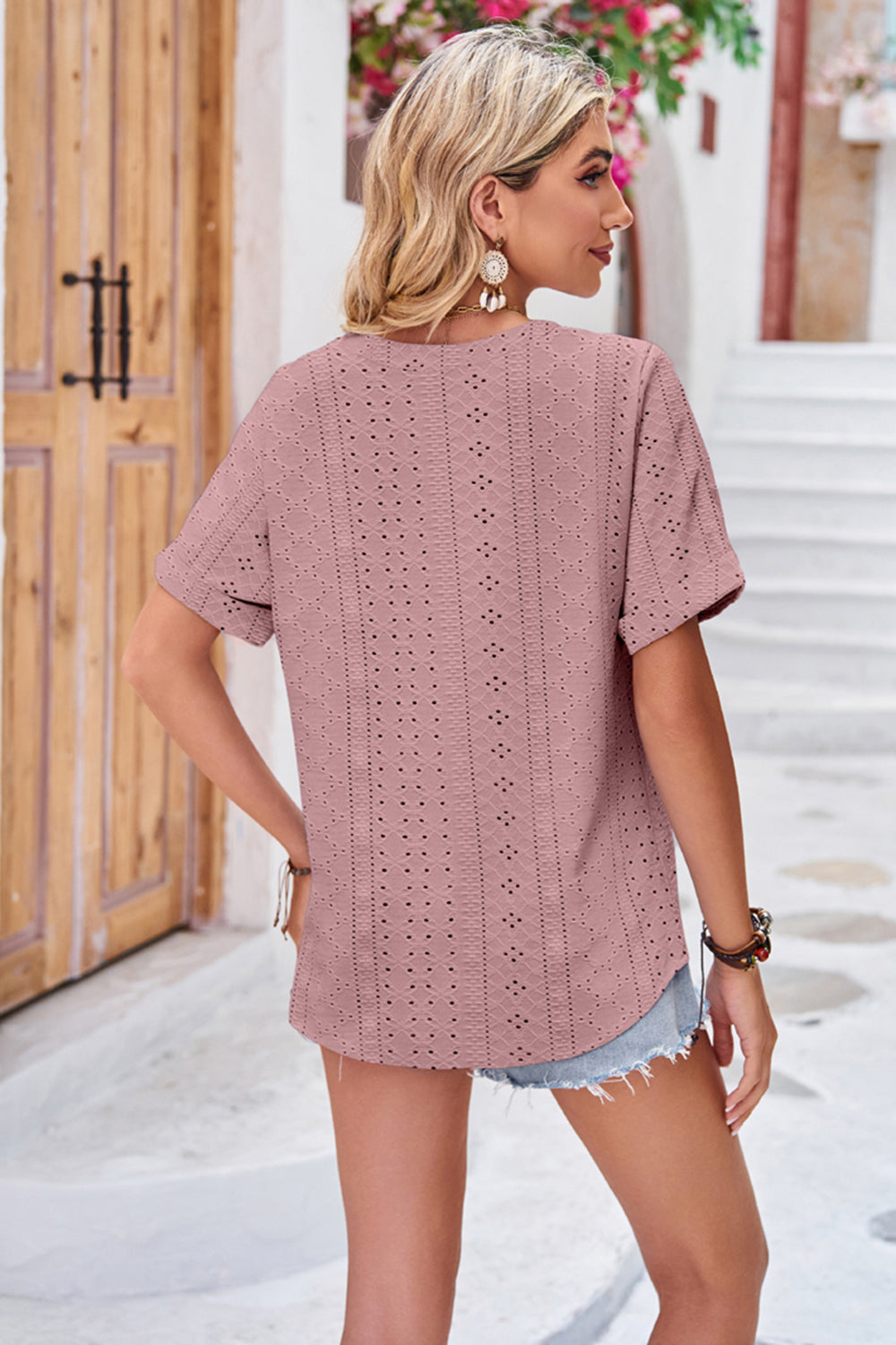 Buttoned Notched Neck Eyelet Top (12)