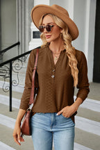 Notched Neck Long Sleeve Buttoned Blouse (17)