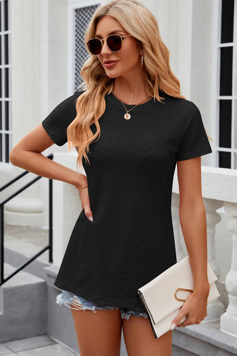 Eyelet Slit Round Neck Short Sleeve T-shirt (19)