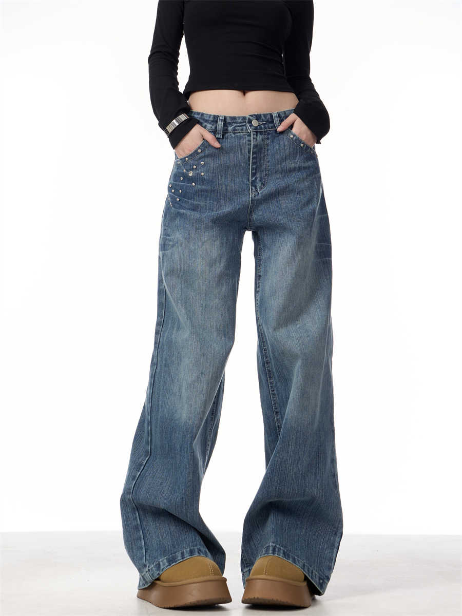 Rivet High Waist Wide Leg Jeans Baggy Straight Trousers photo 3