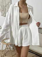Dropped Shoulder Button Up Top Elastic Waist Shorts Set (6)