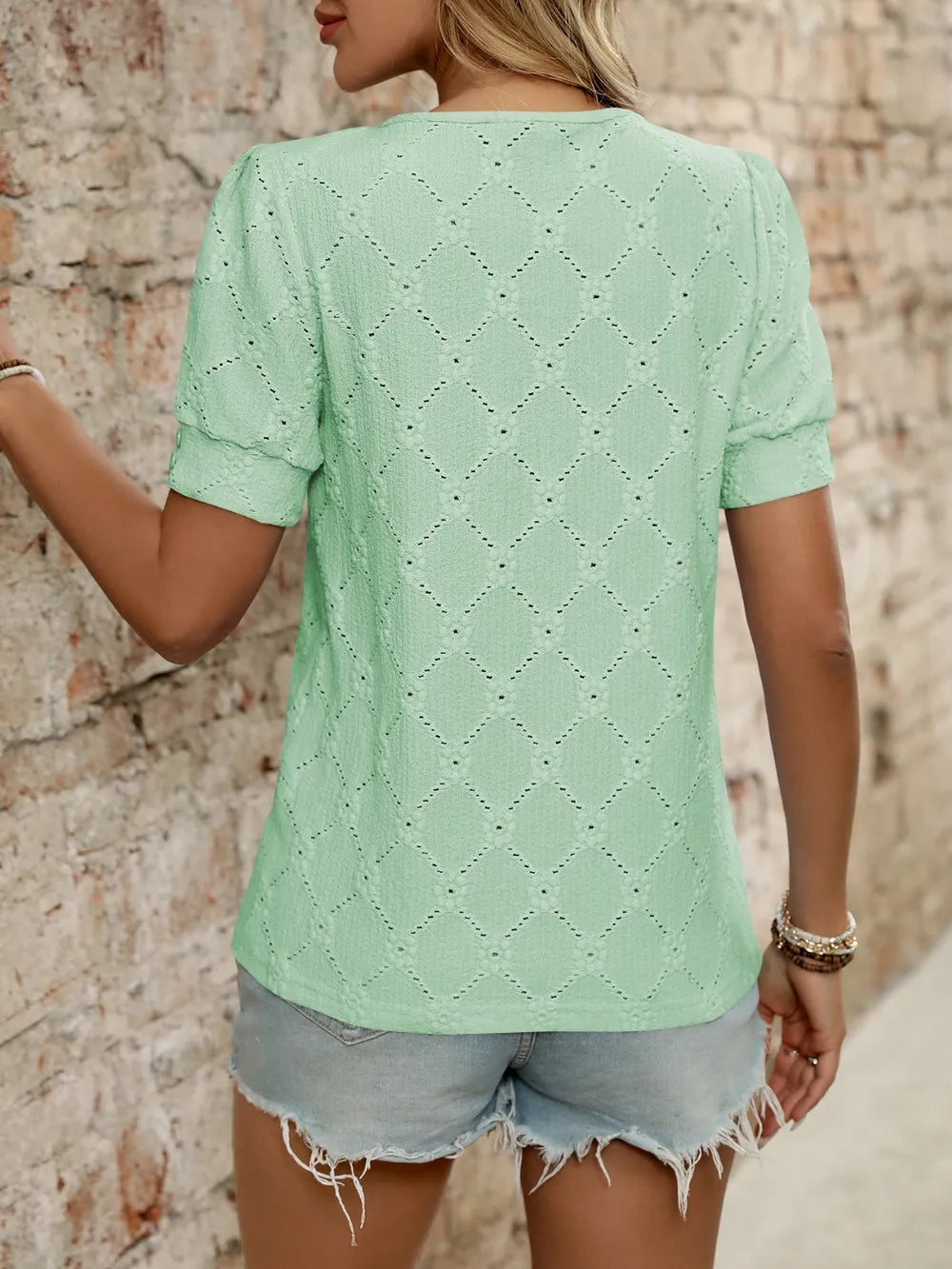 Eyelet Round Neck Short Sleeve Top (24)
