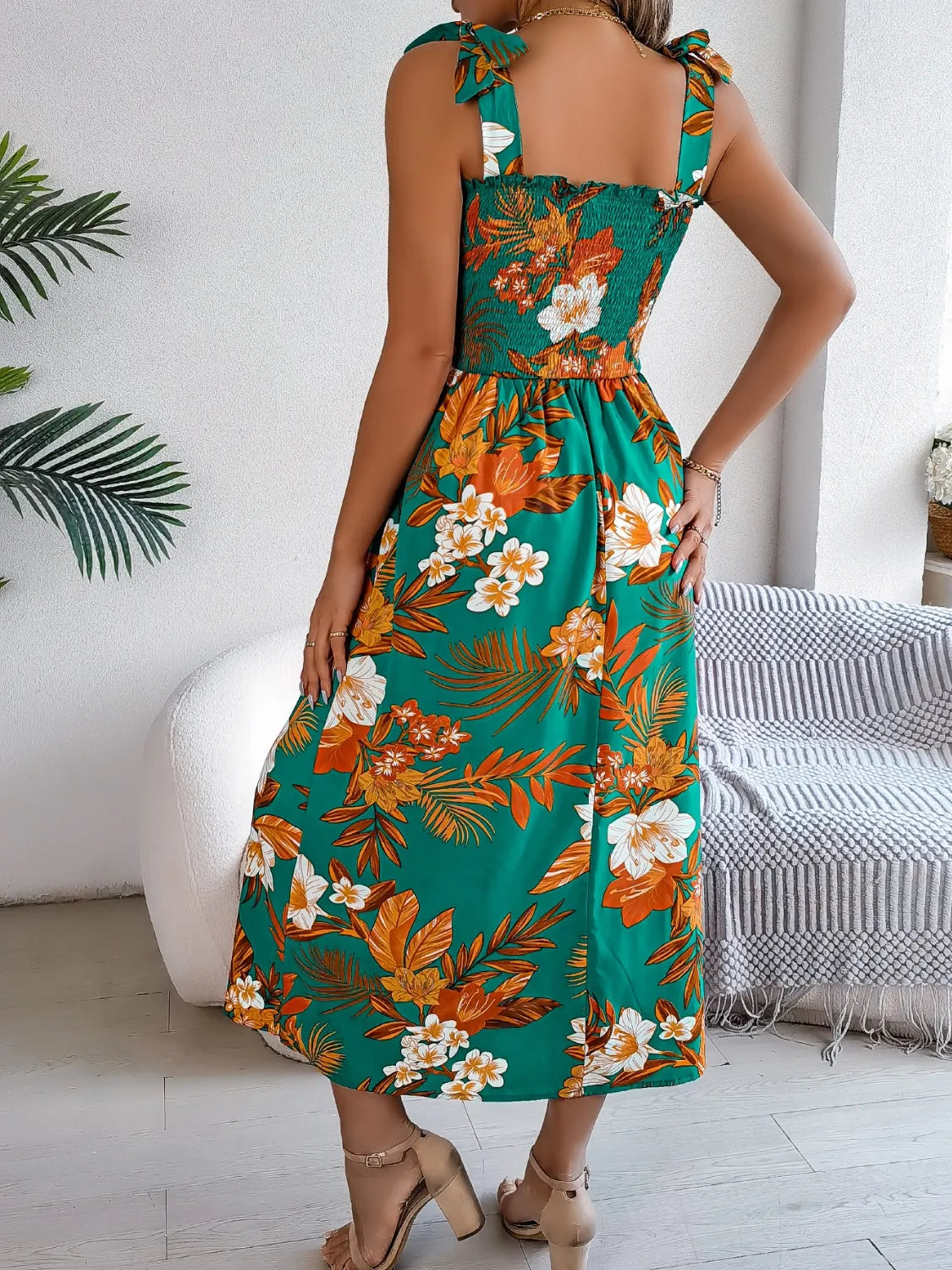 Smocked Floral Tie Shoulder Midi Dress (11)