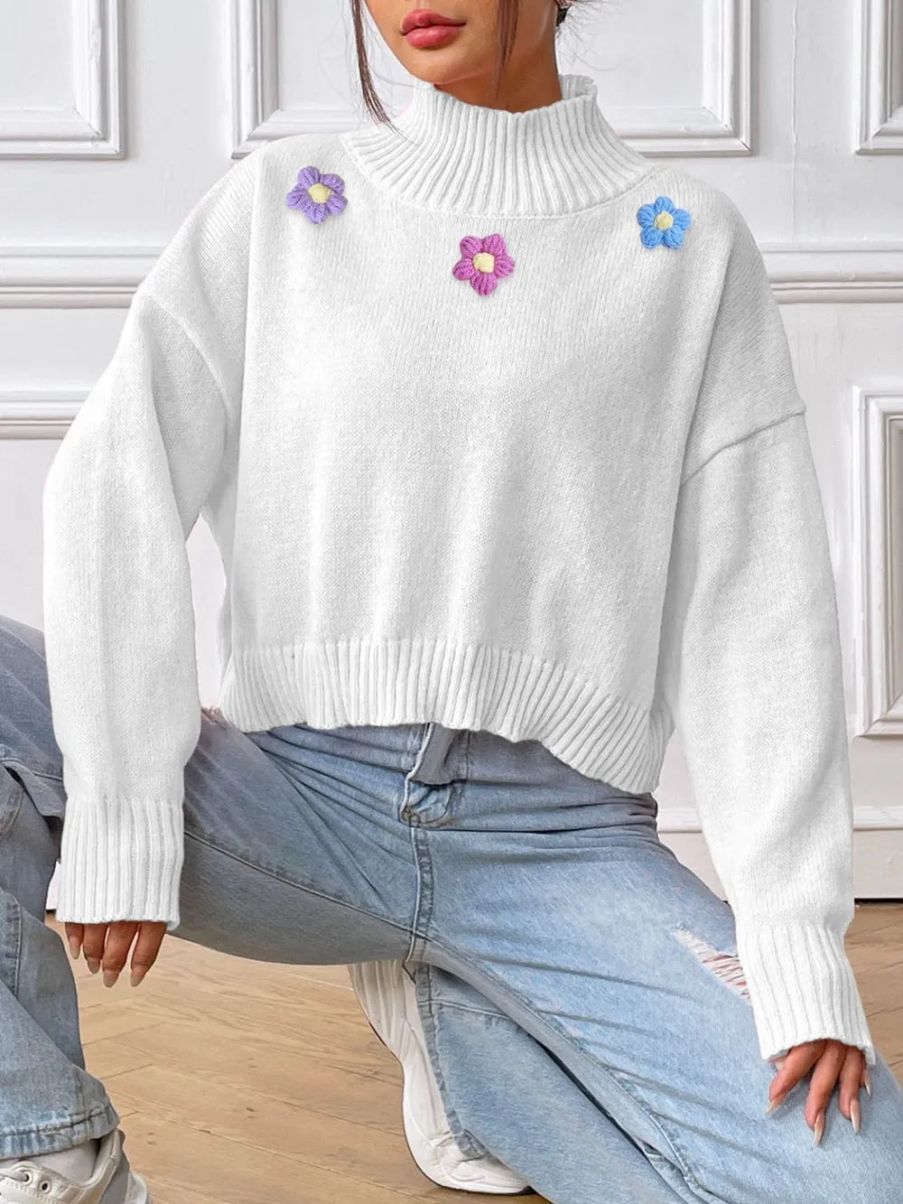 Flower Turtleneck Long Sleeve Sweater (4)