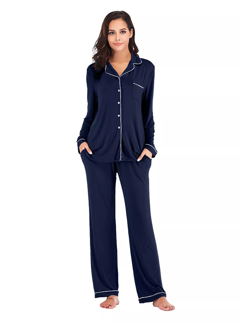 Collared Neck Long Sleeve Loungewear Set Pockets (3)
