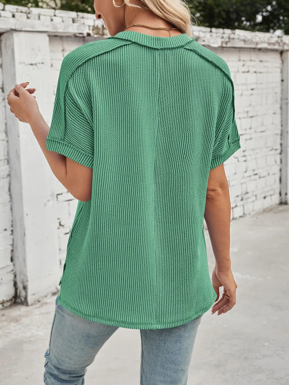 Cord Ribbed V-neck Short Sleeve T-shirt (17)