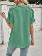 Cord Ribbed V-neck Short Sleeve T-shirt (17)