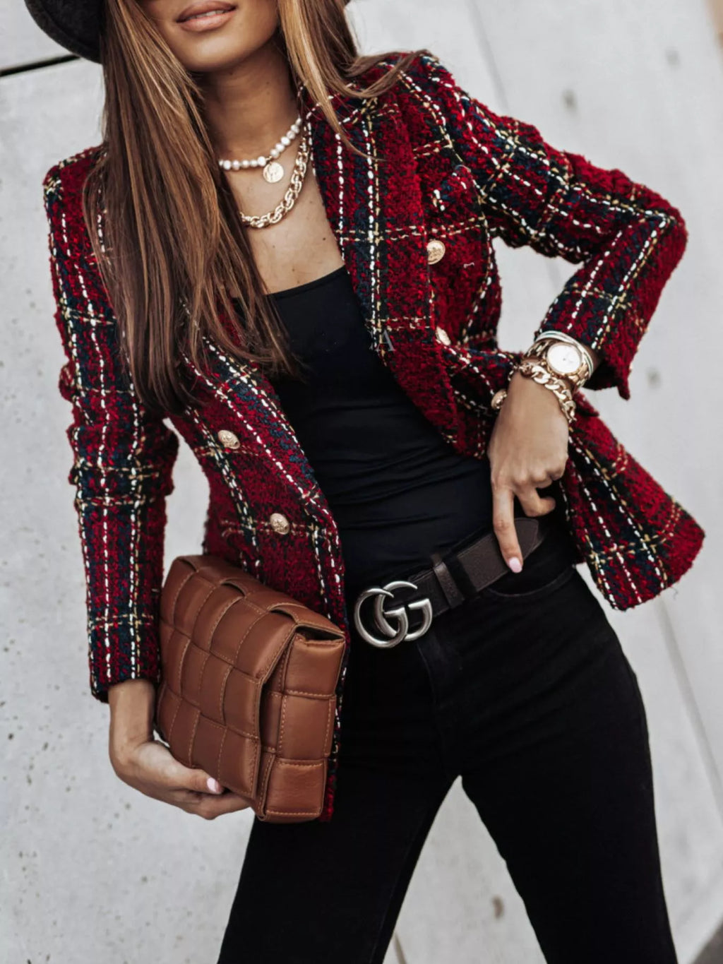 Full Size Plaid Tweed Double-breasted Blazer Plus