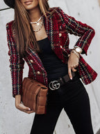 Full Size Plaid Tweed Double-breasted Blazer Plus