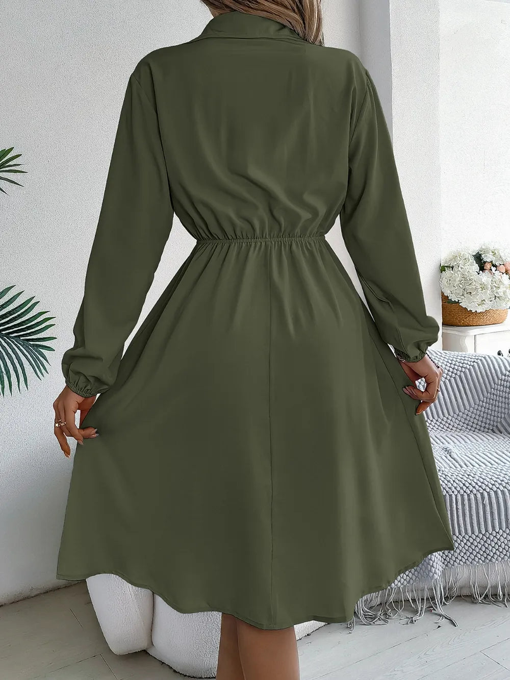 Collared Neck Long Sleeve Dress Pockets (28)