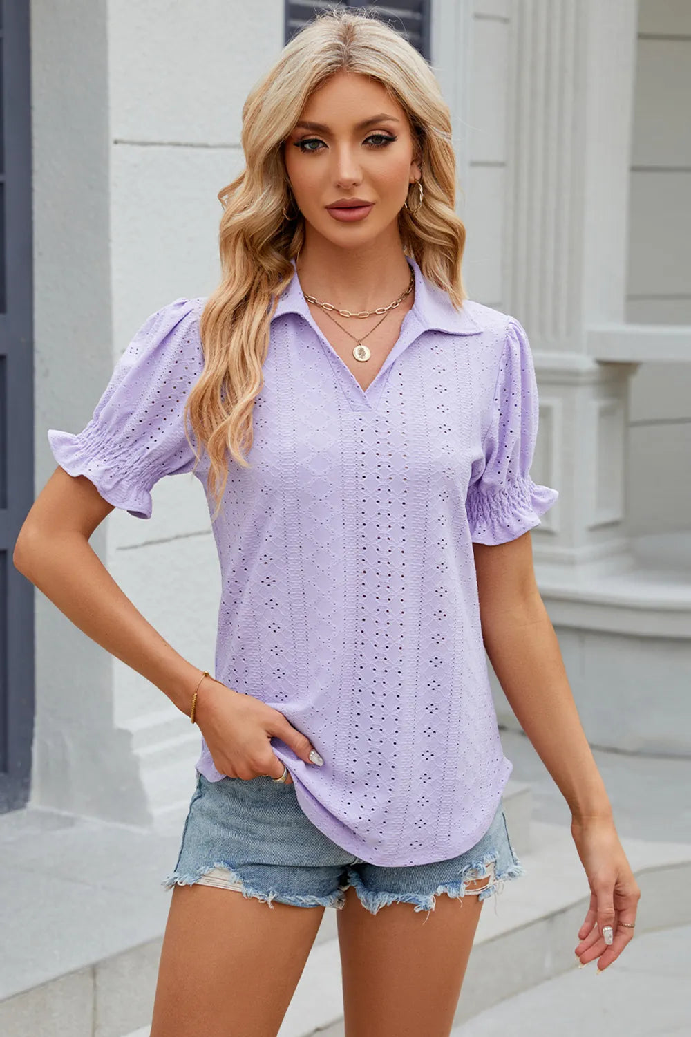 Eyelet Johnny Collar Short Sleeve Blouse (18)