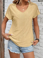 Eyelet V-neck Short Sleeve T-shirt (10)