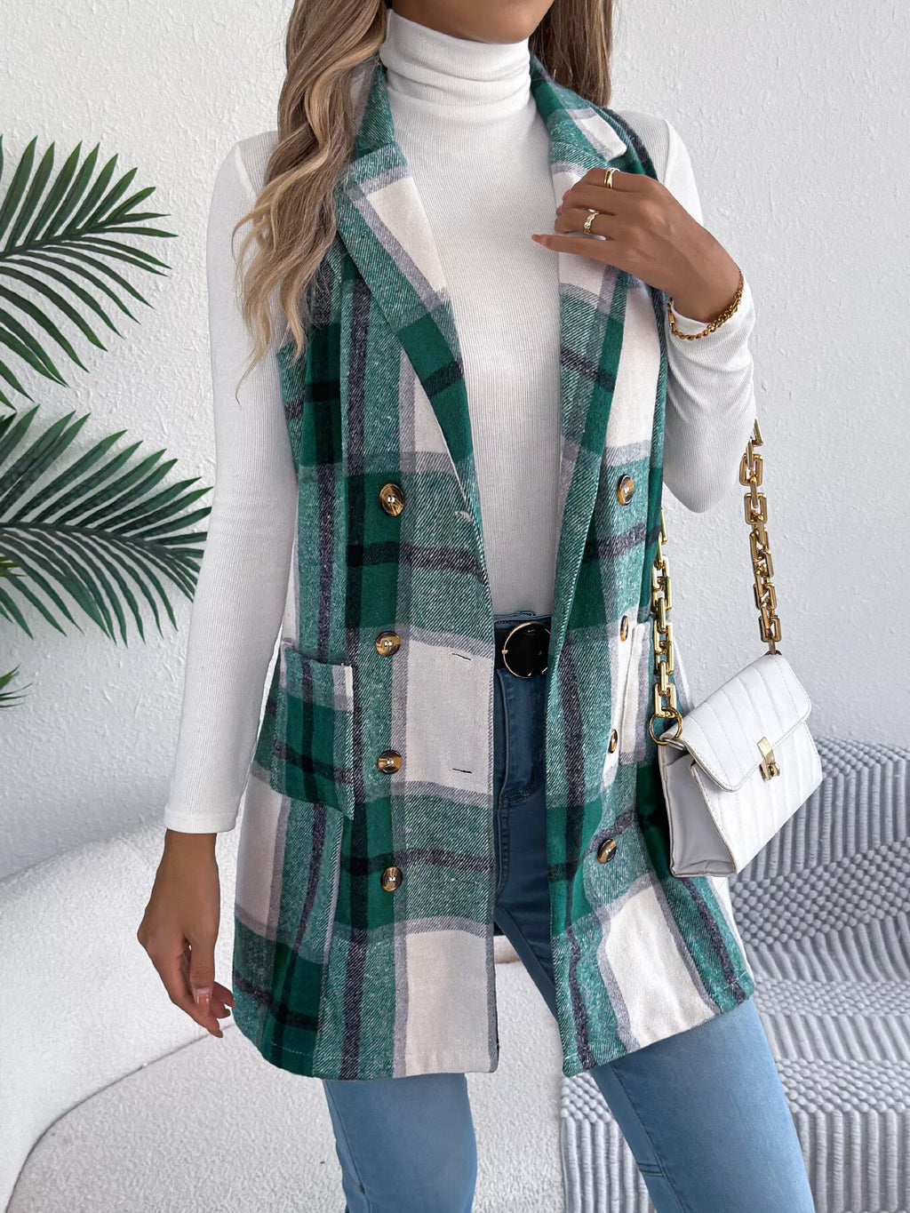 Plaid Double-breasted Vest Coat (8)