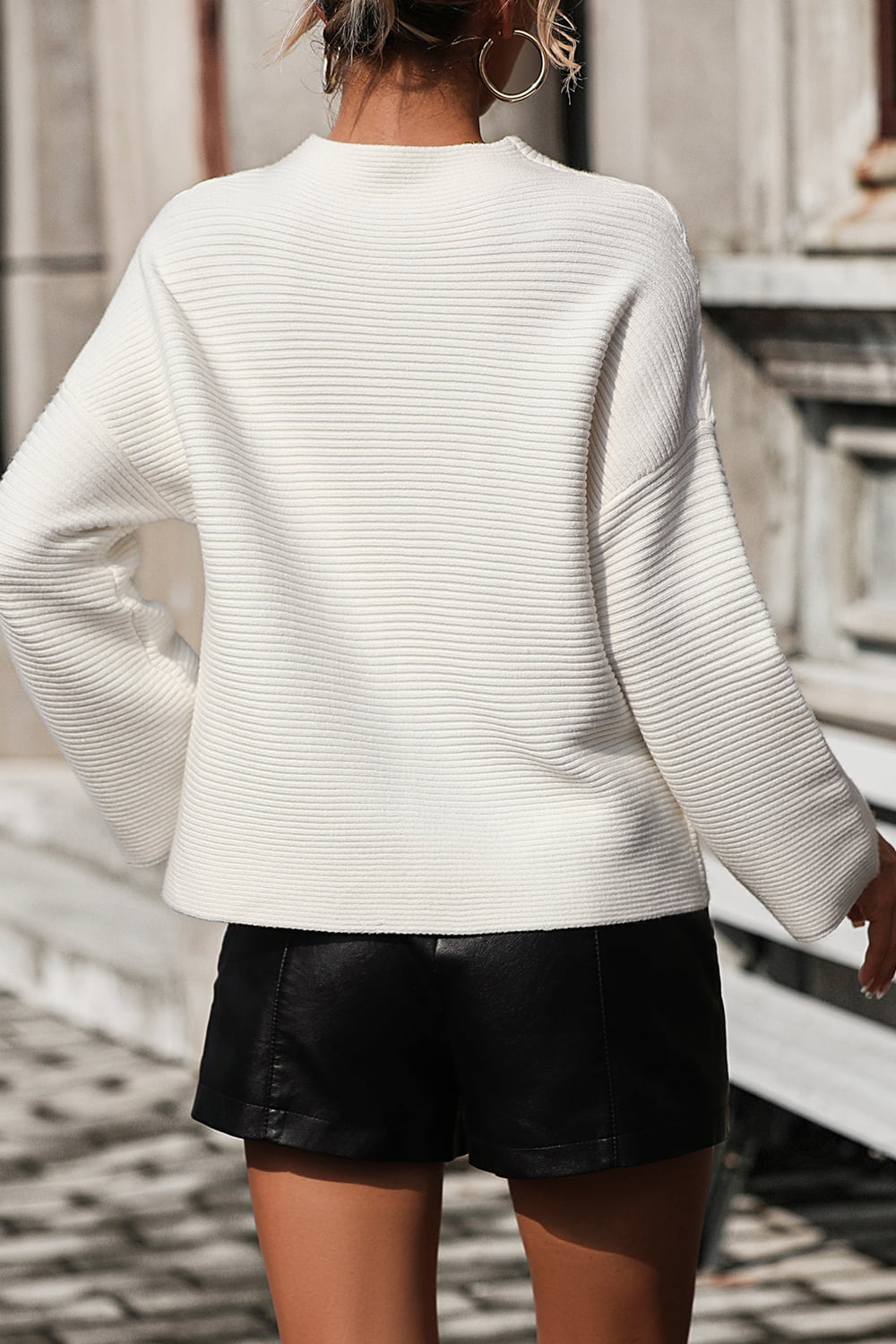 Mock Neck Dropped Shoulder Pullover Sweater (2)