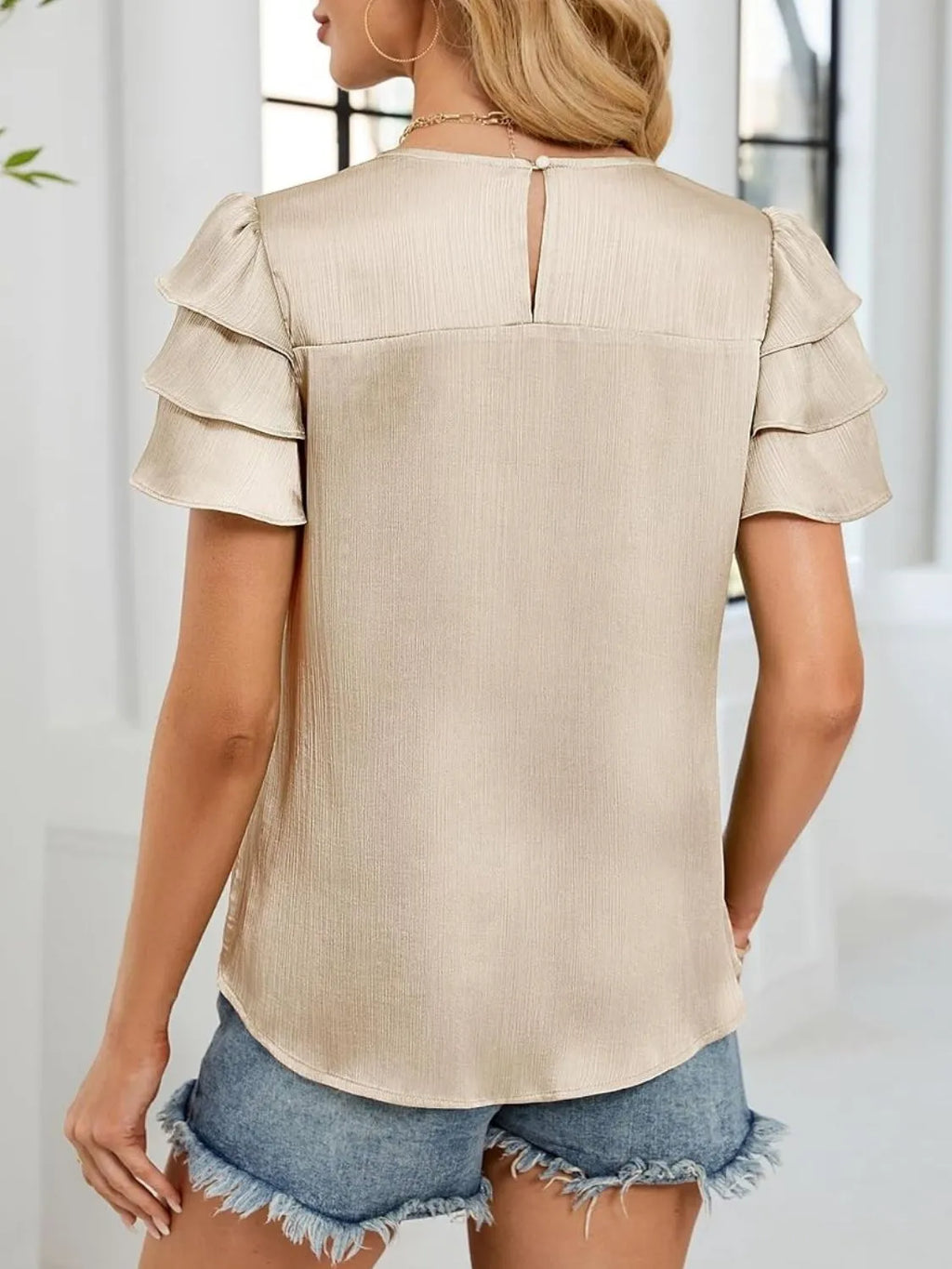 Smocked Round Neck Ruffled Layered Sleeve Blouse (8)