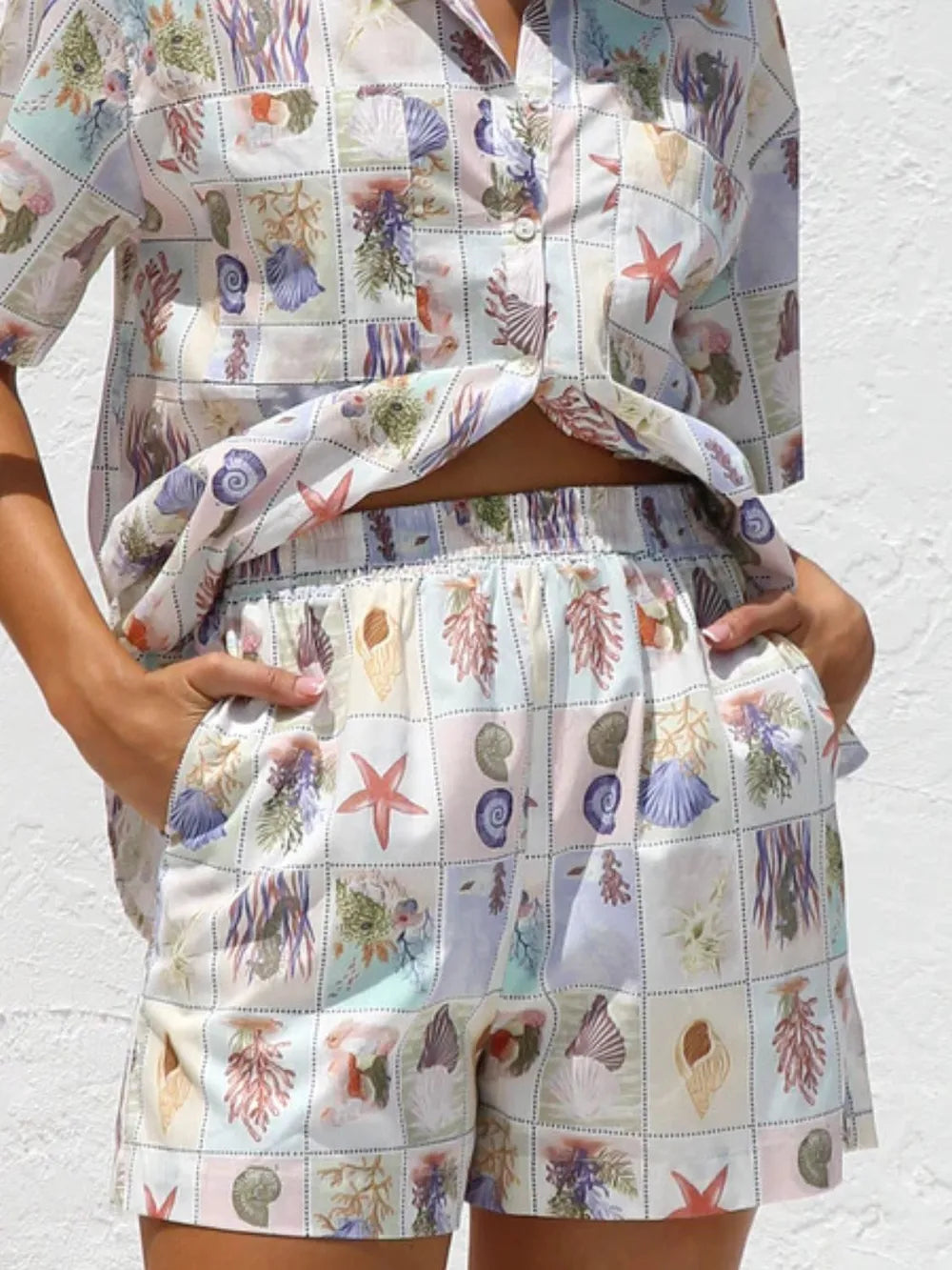 Printed Button Down Short Sleeve Top Shorts Set (6)