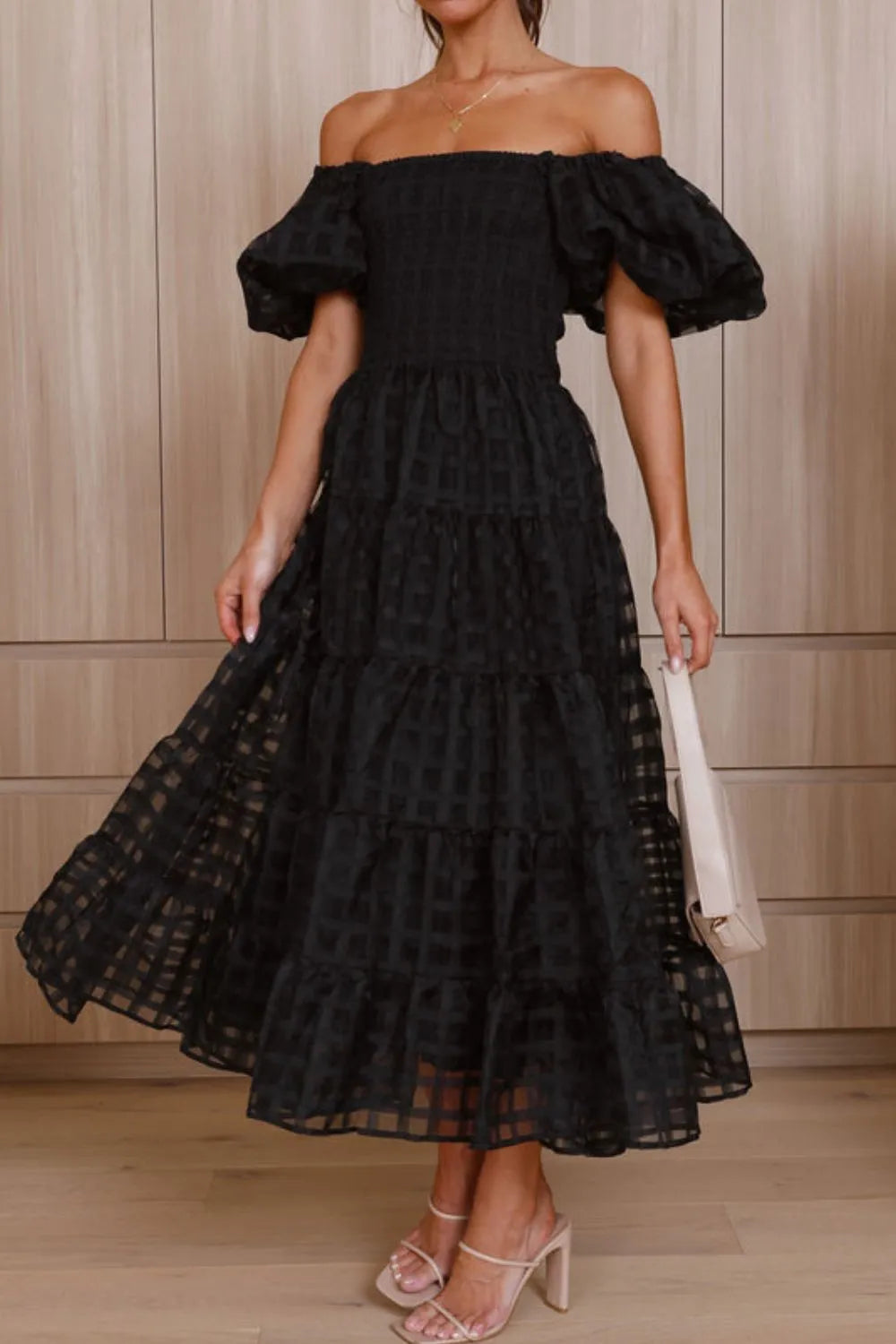 Off Shoulder Short Puff Sleeve Midi Dress (21)