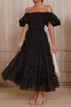 Off Shoulder Short Puff Sleeve Midi Dress (21)