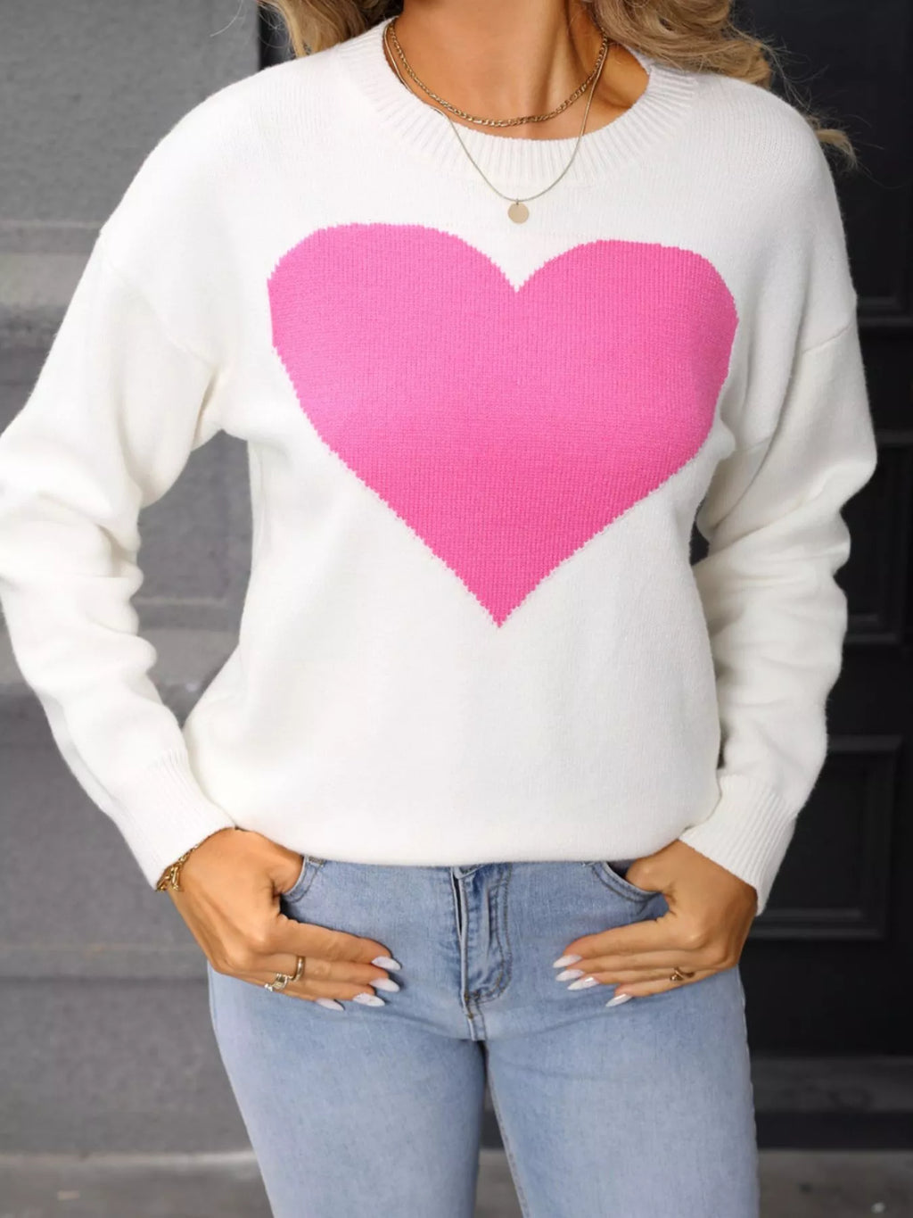 Valentine's Day Heart Round Neck Dropped Shoulder Sweater (6)