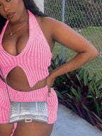 Halter Neck Top Shorts Sweater Set (10)