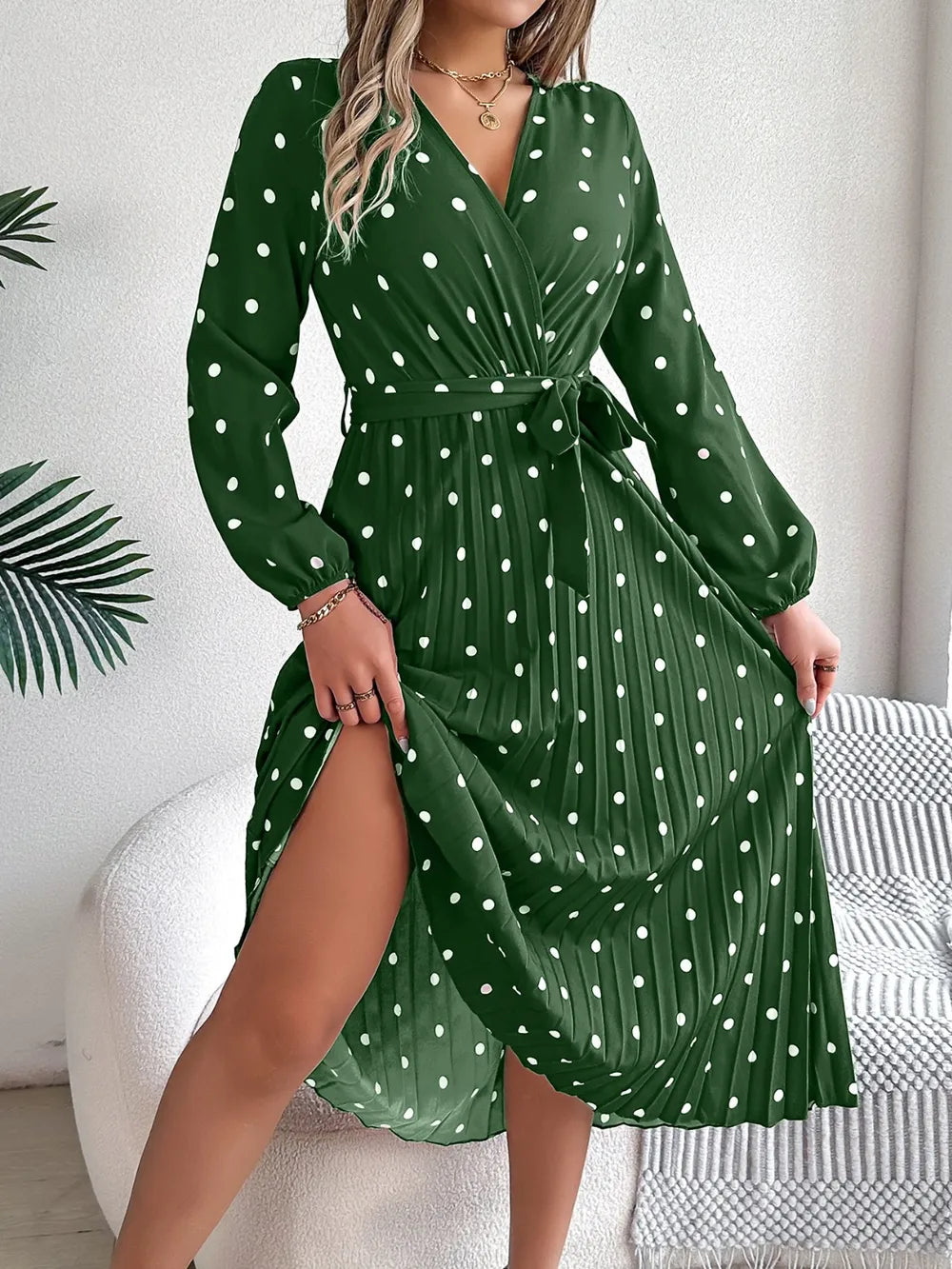Tied Polka Dot Long Sleeve Midi Dress (18)