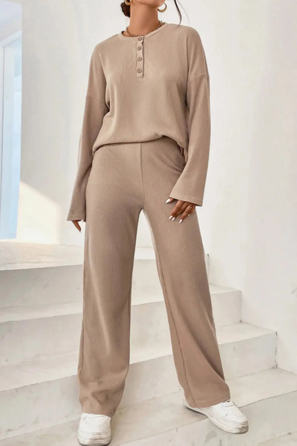 Ribbed Half Button Top Pants Set (7)