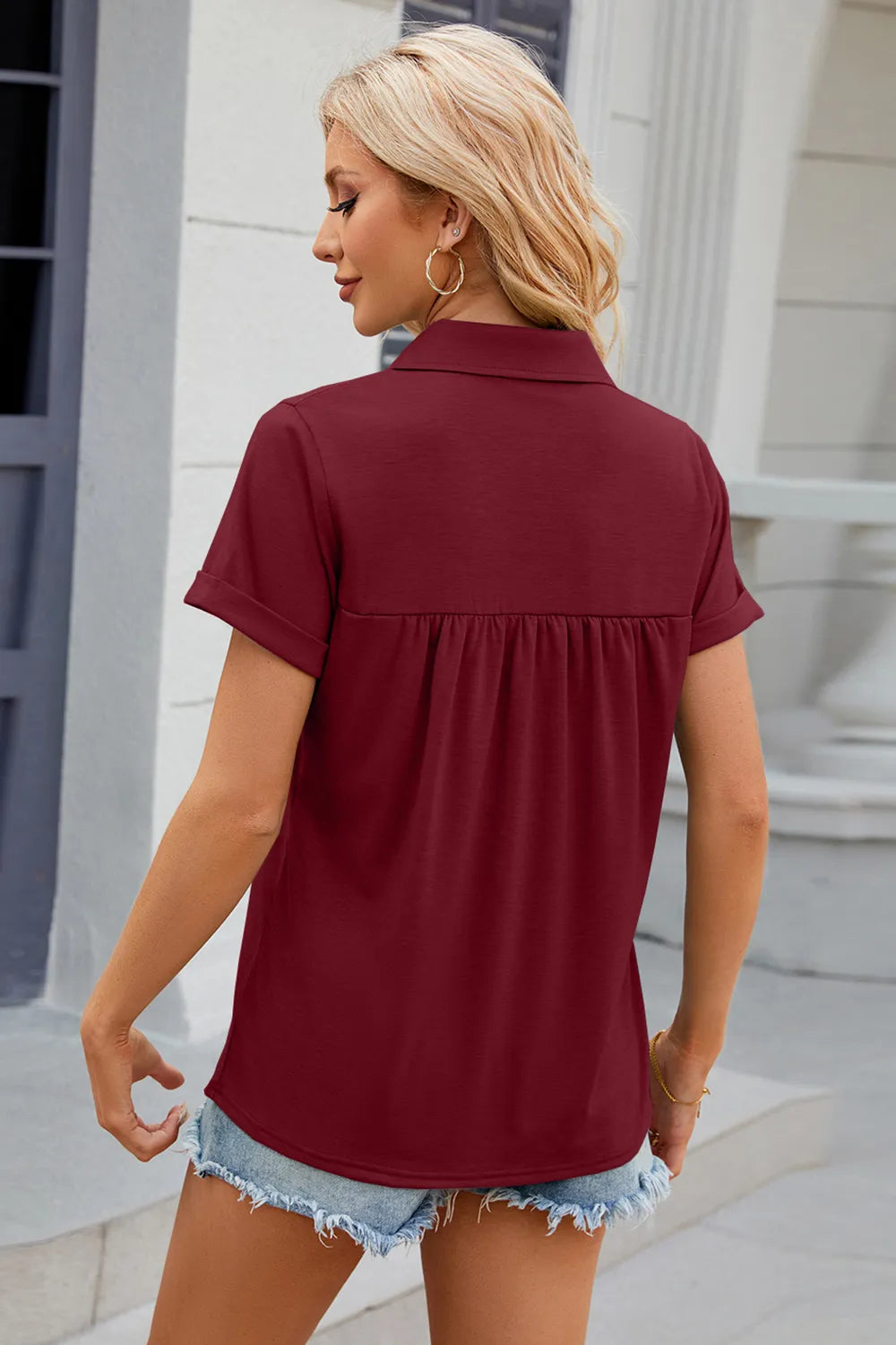 Ruched Johnny Collar Short Sleeve Blouse (2)