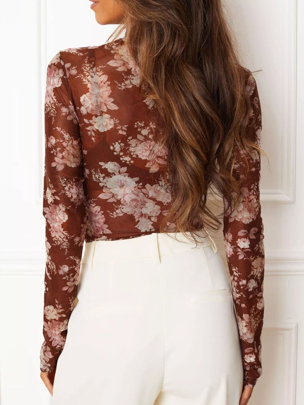 Floral Print Sheer Mesh Long Sleeve Mock Neck Top (15)