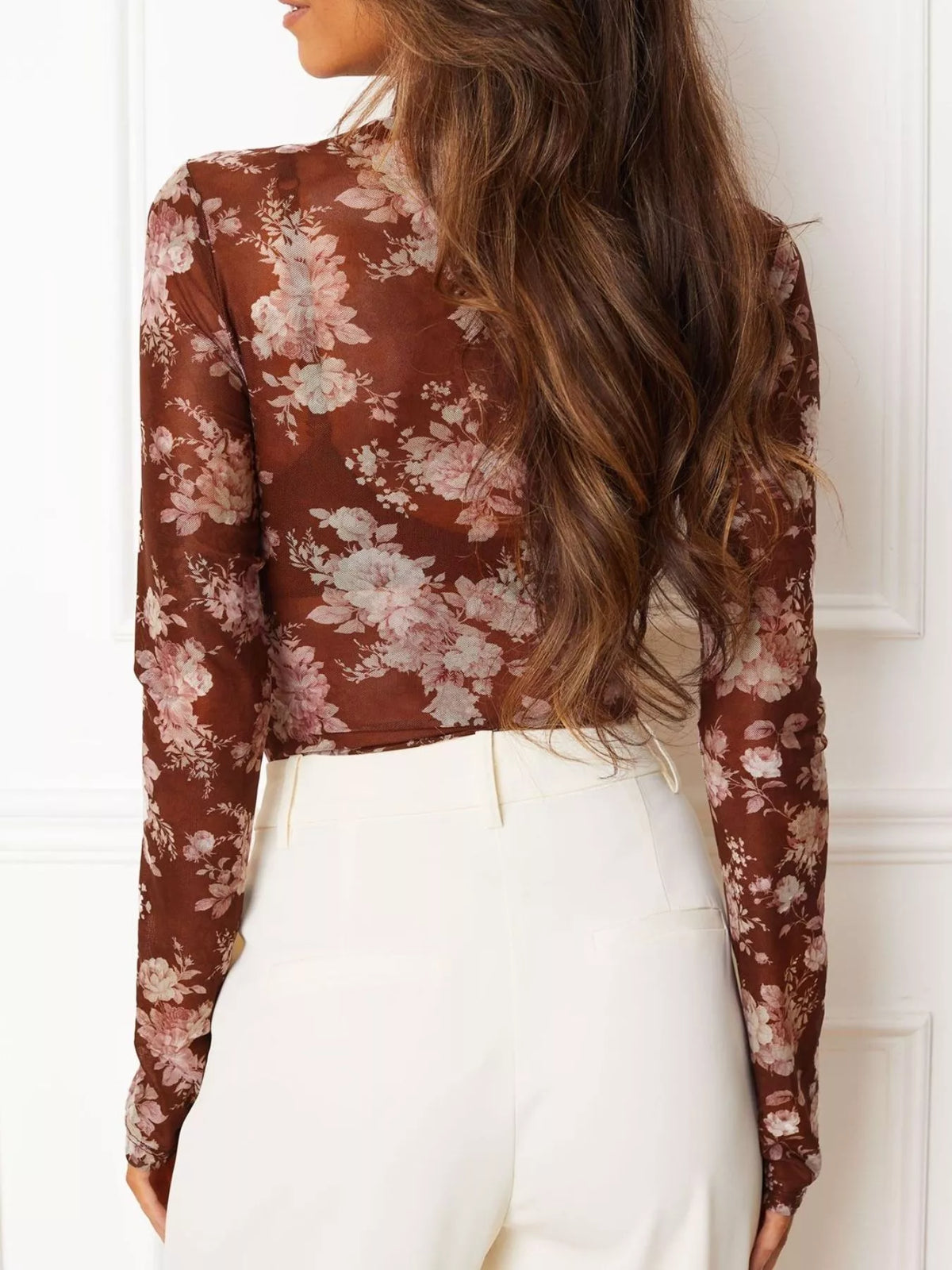 Floral Print Sheer Mesh Long Sleeve Mock Neck Top (15)