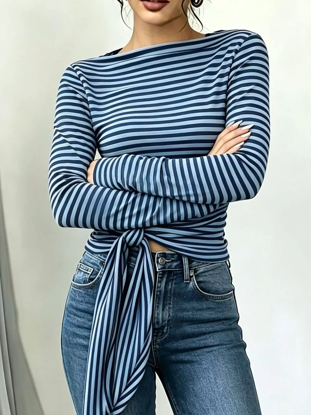 Long Sleeve Striped T-shirt Front Tie Detail (17)