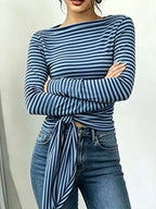 Long Sleeve Striped T-shirt Front Tie Detail (17)
