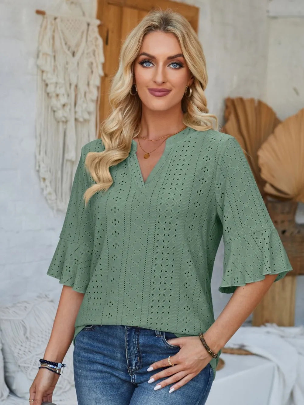 Eyelet Notched Half Sleeve T-shirt (14)