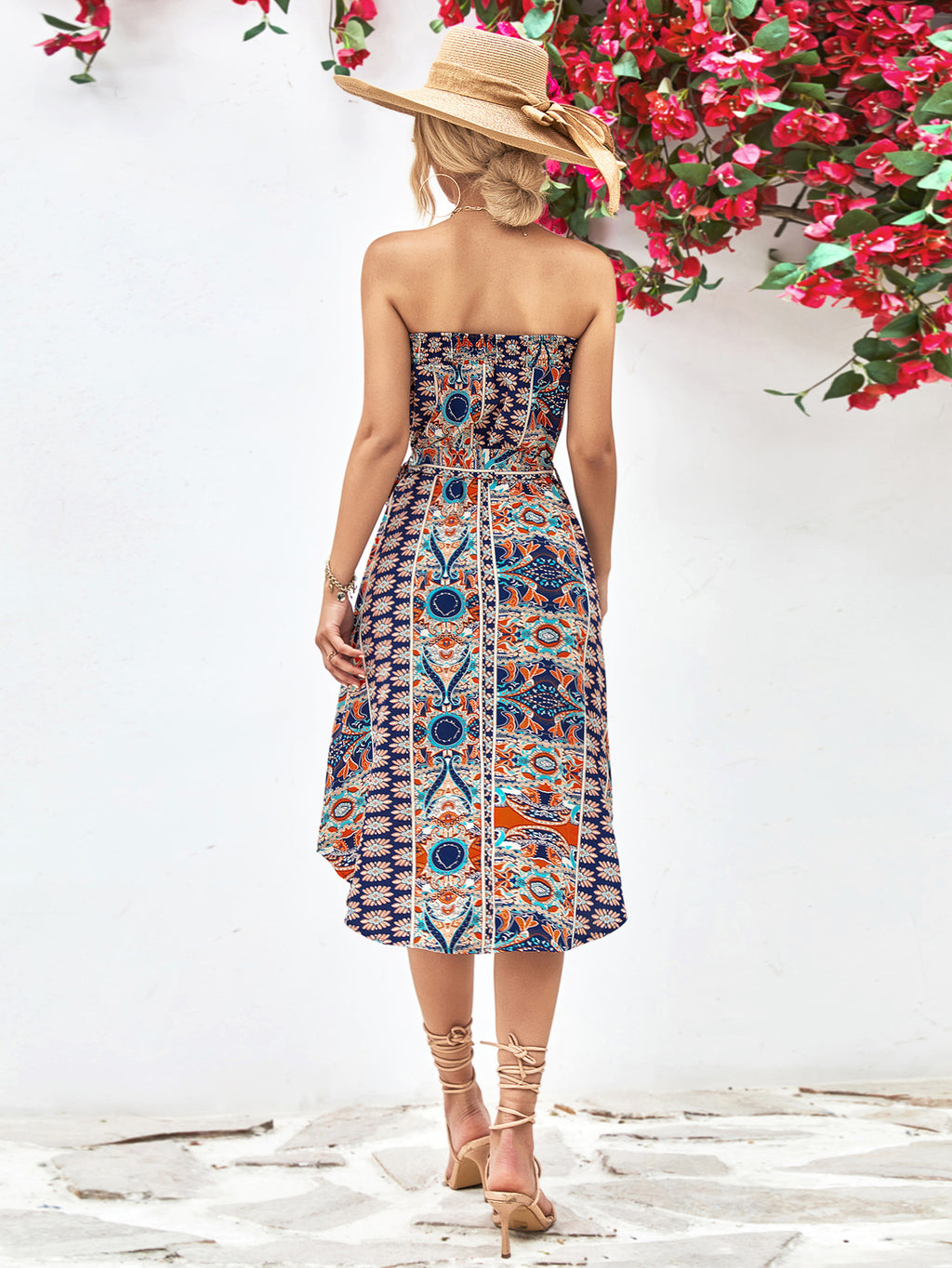 Printed Strapless Tie Belt Dress (18)