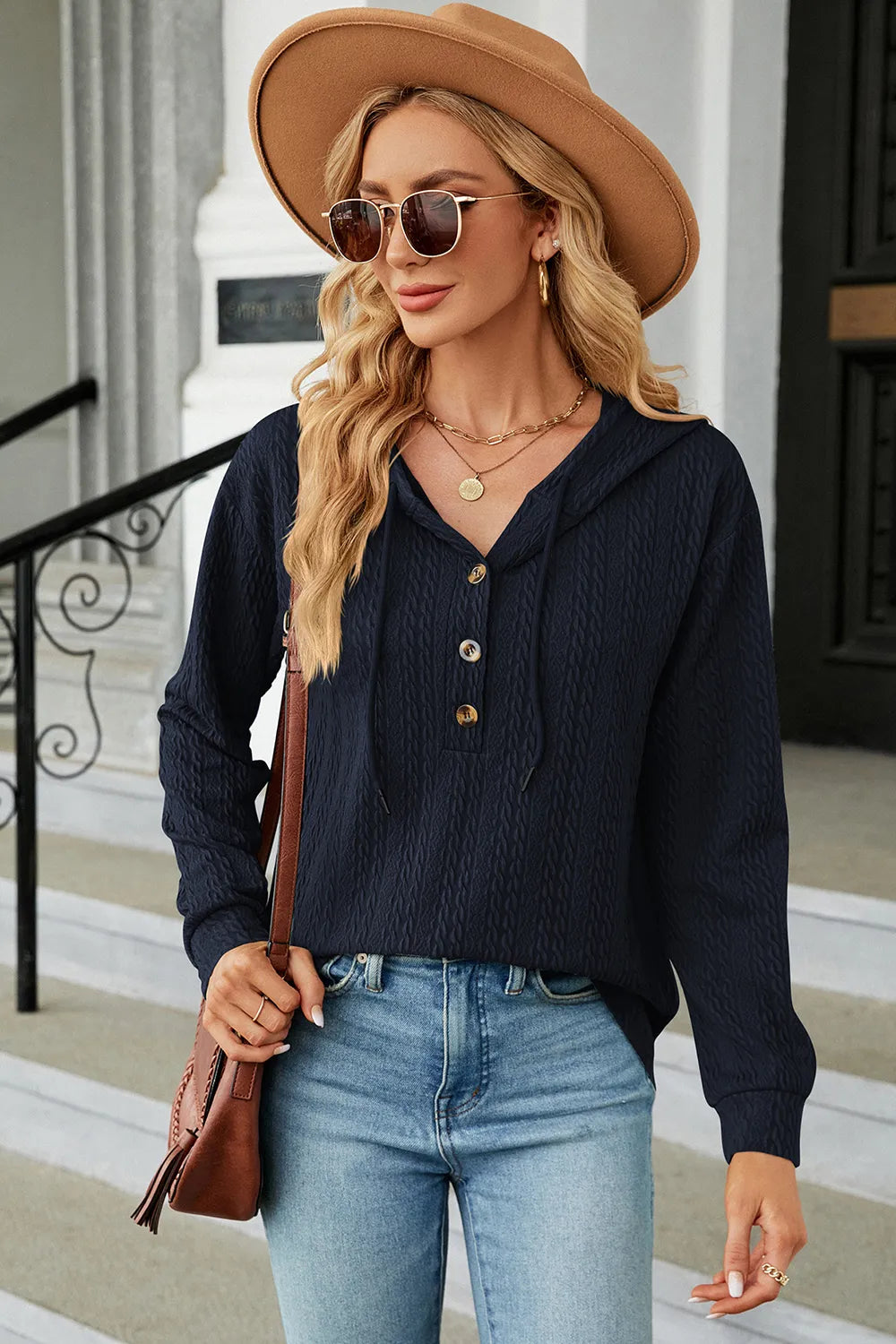 Drawstring Half Button Long Sleeve Hoodie (7)