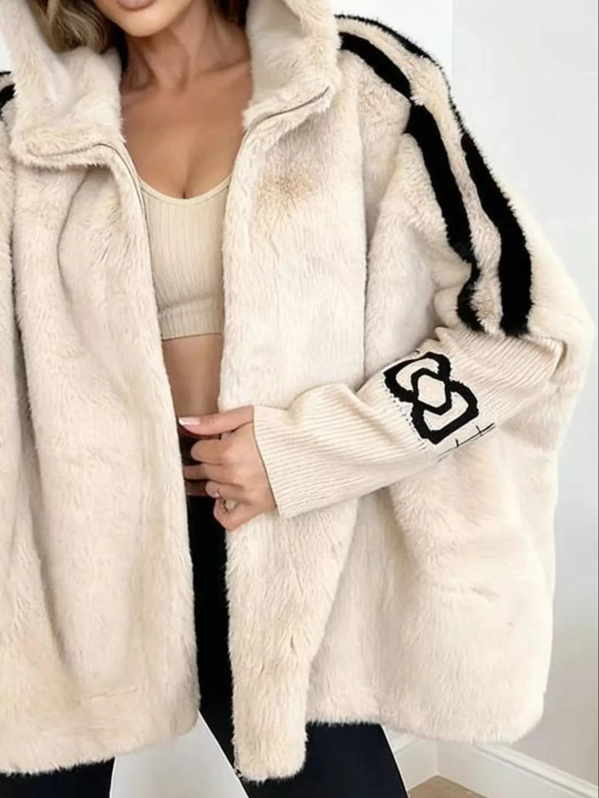 Hooded Faux Fur Striped Trim Outerwear (2)