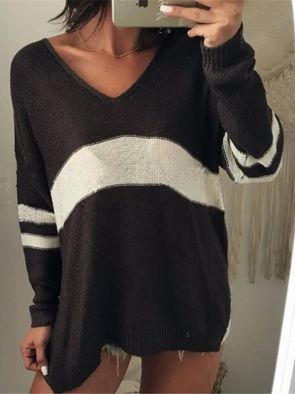 Striped V-neck Long Sleeve Sweater (2)