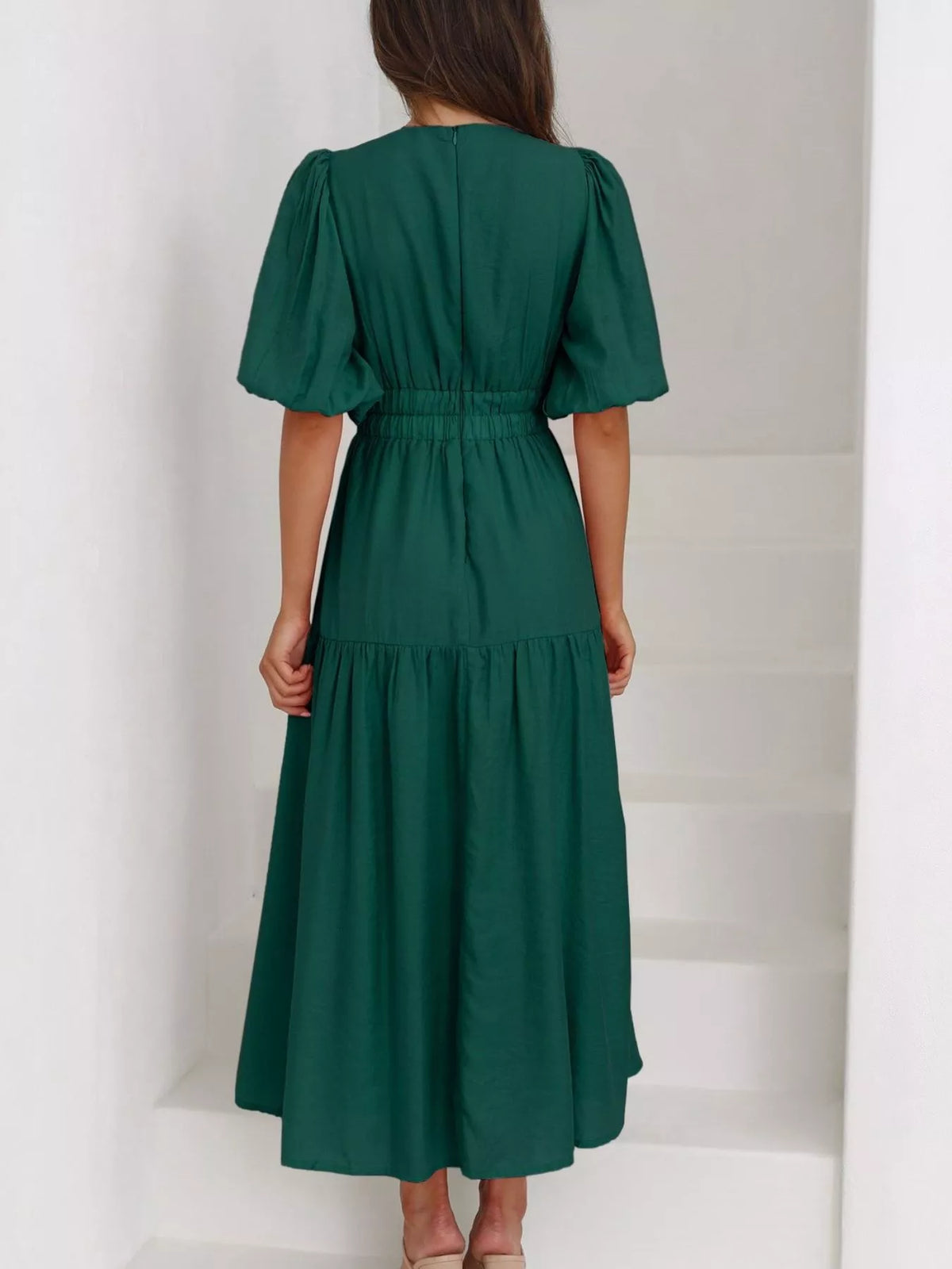 V-neck Puff Sleeve Midi Dress (26)