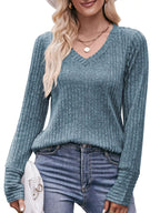 V-neck Ribbed Knit Long Sleeve T-shirt