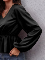 V-neck Balloon Sleeve Peplum Blouse (11)