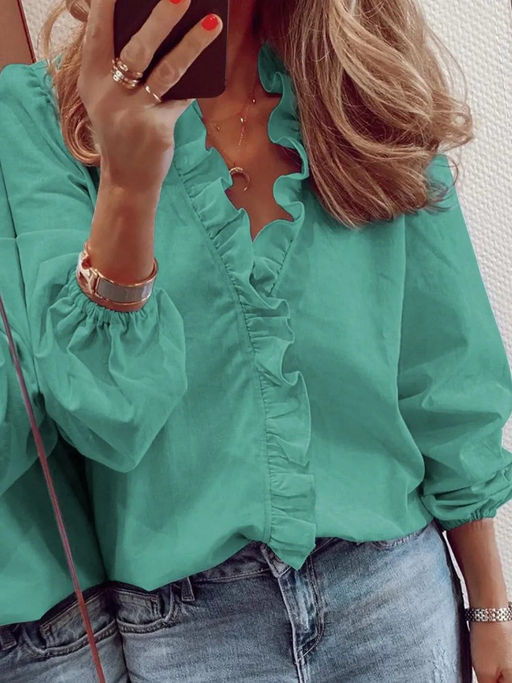 Ruffled V-neck Long Sleeve Blouse (18)