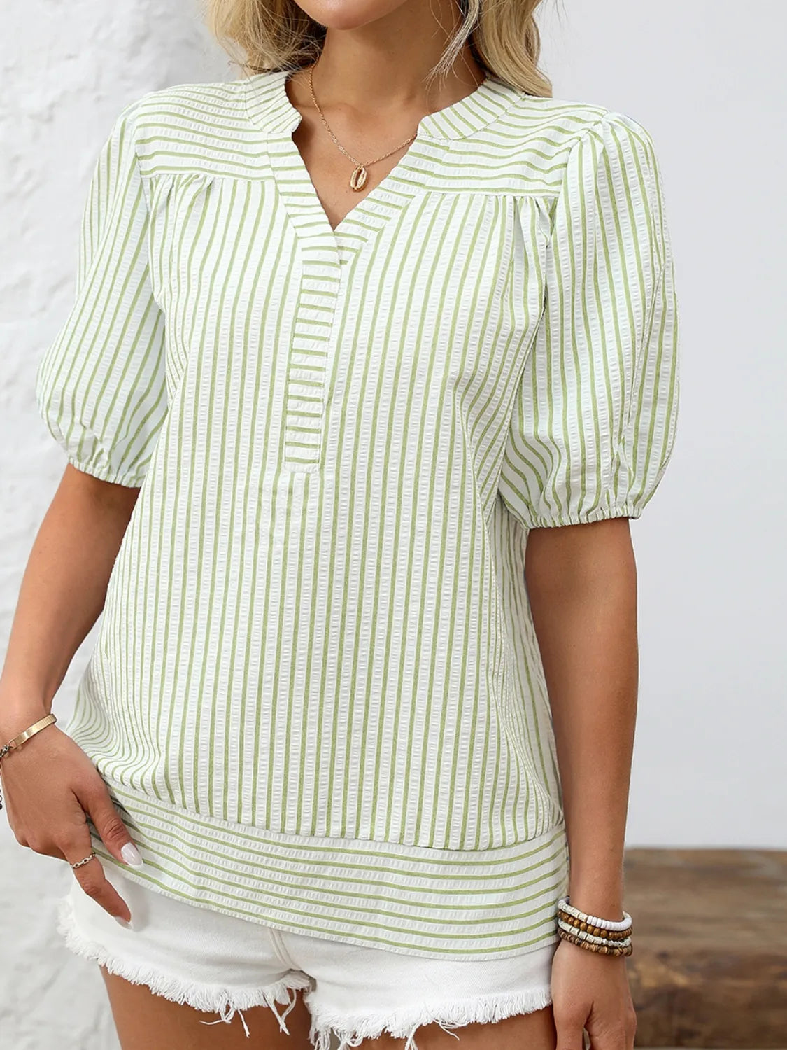 Striped Notched Puff Sleeve Blouse (10)