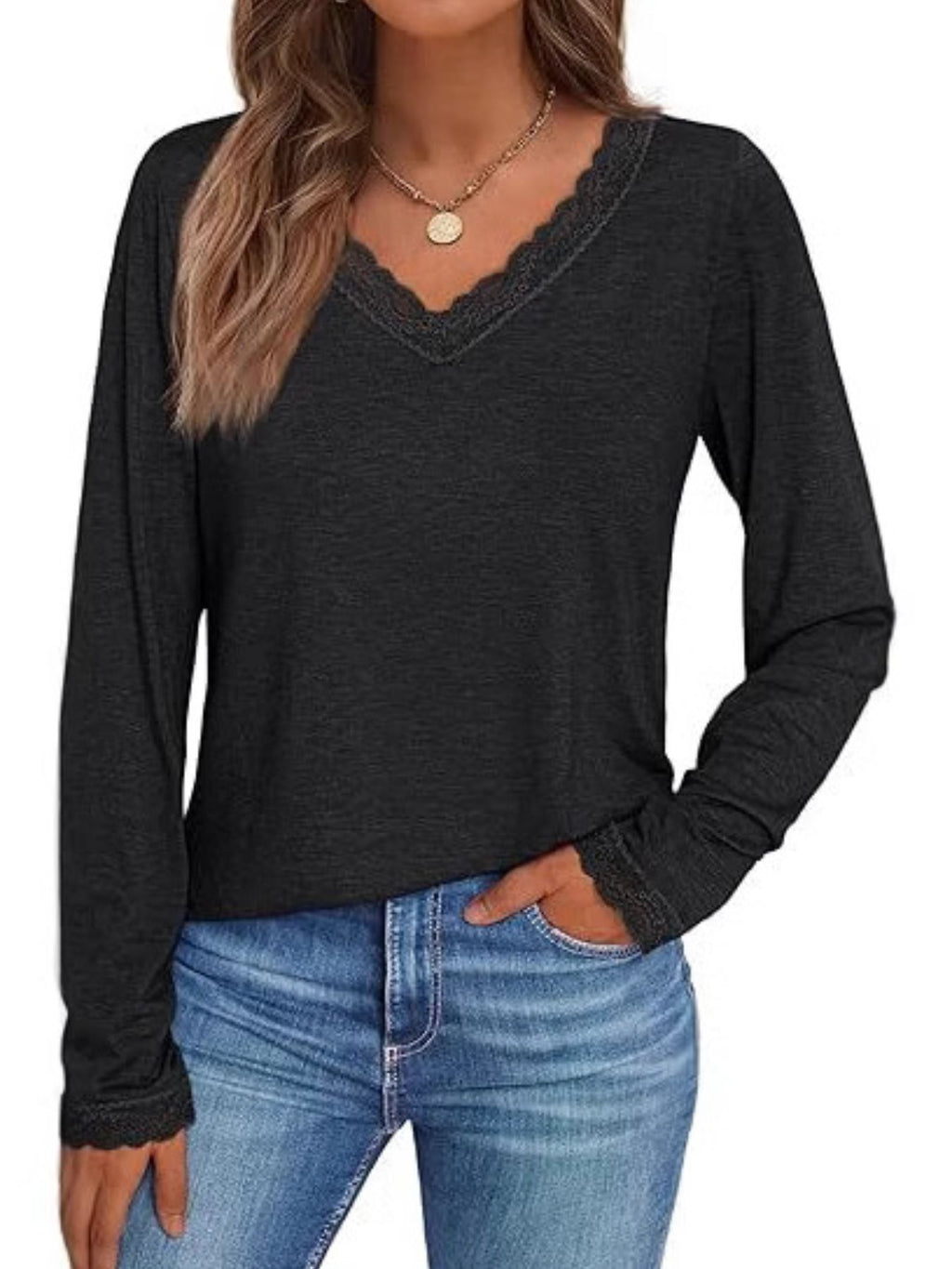 Lace Trim V-neck Long Sleeve T-shirt (10)