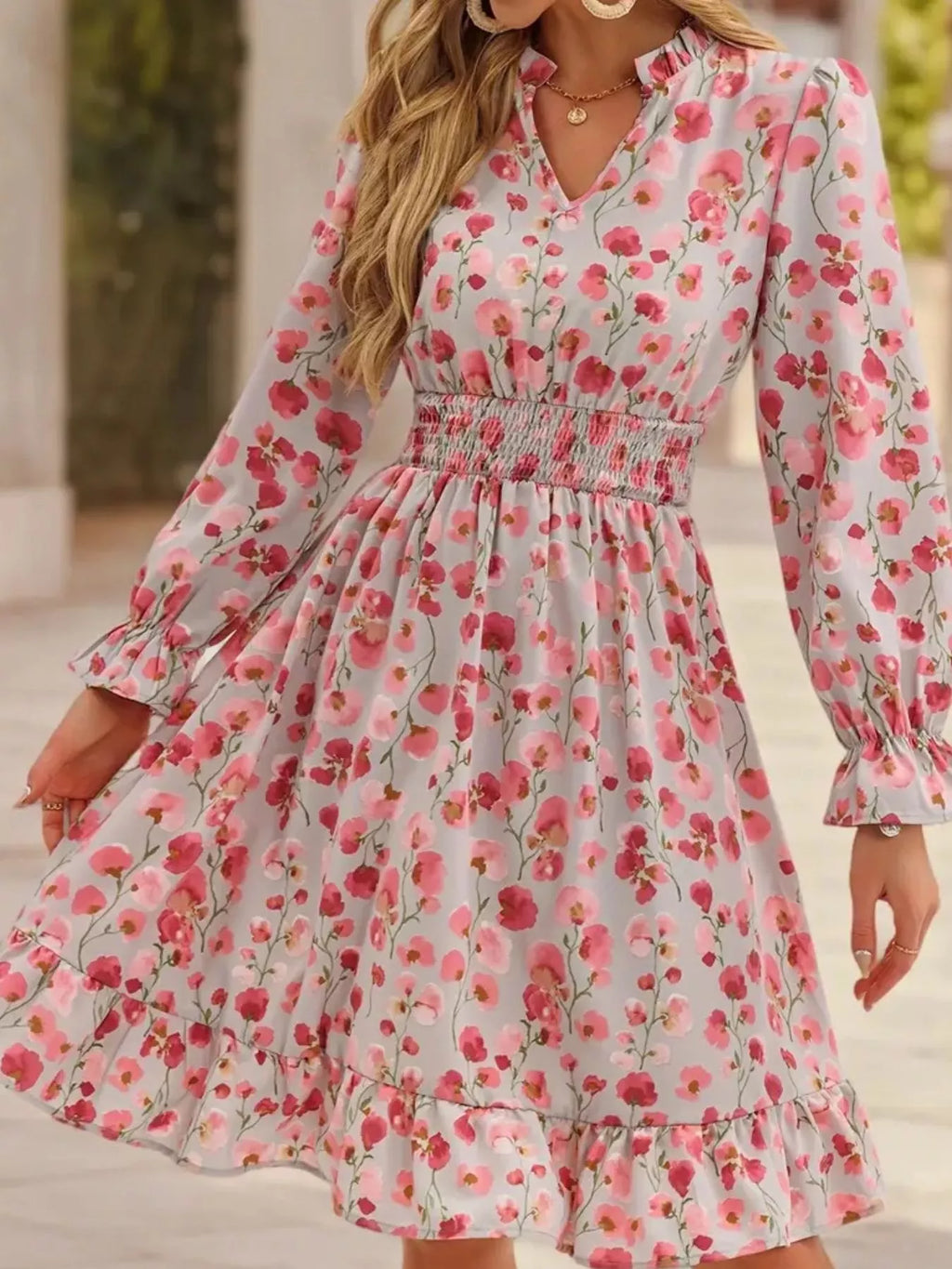 Floral Notched Flounce Sleeve Dress (3)