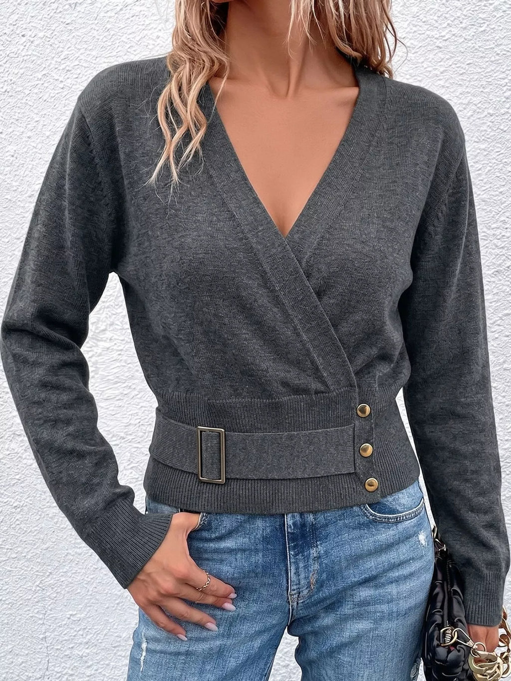 Surplice Elastic Waist Long Sleeve Knit Top (2)
