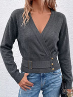 Surplice Elastic Waist Long Sleeve Knit Top (2)