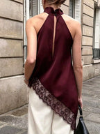 Polka Dot Lace Trim Asymmetrical Hem Sleeveless Blouse (9)
