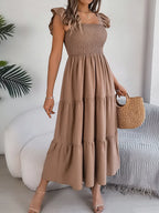 Smocked Square Neck Cap Sleeve Midi Dress (29)