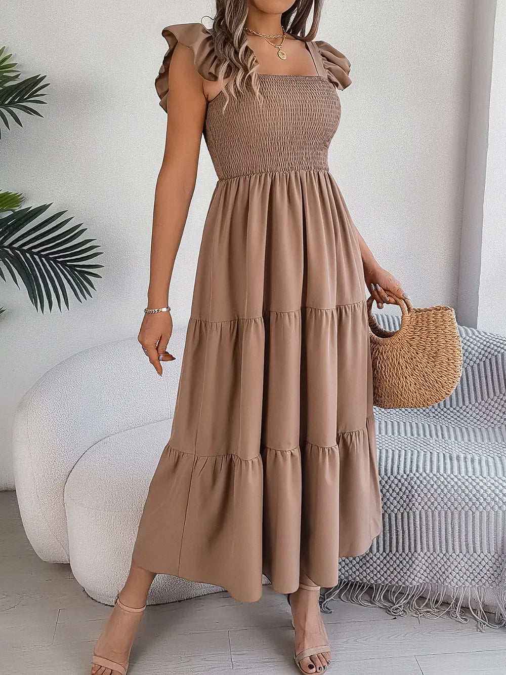 Smocked Square Neck Cap Sleeve Midi Dress (29)