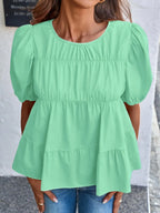 Round Neck Puff Sleeve Tiered Blouse (9)