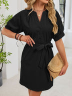 Notched Short Sleeve Tie Waist Dress (19)
